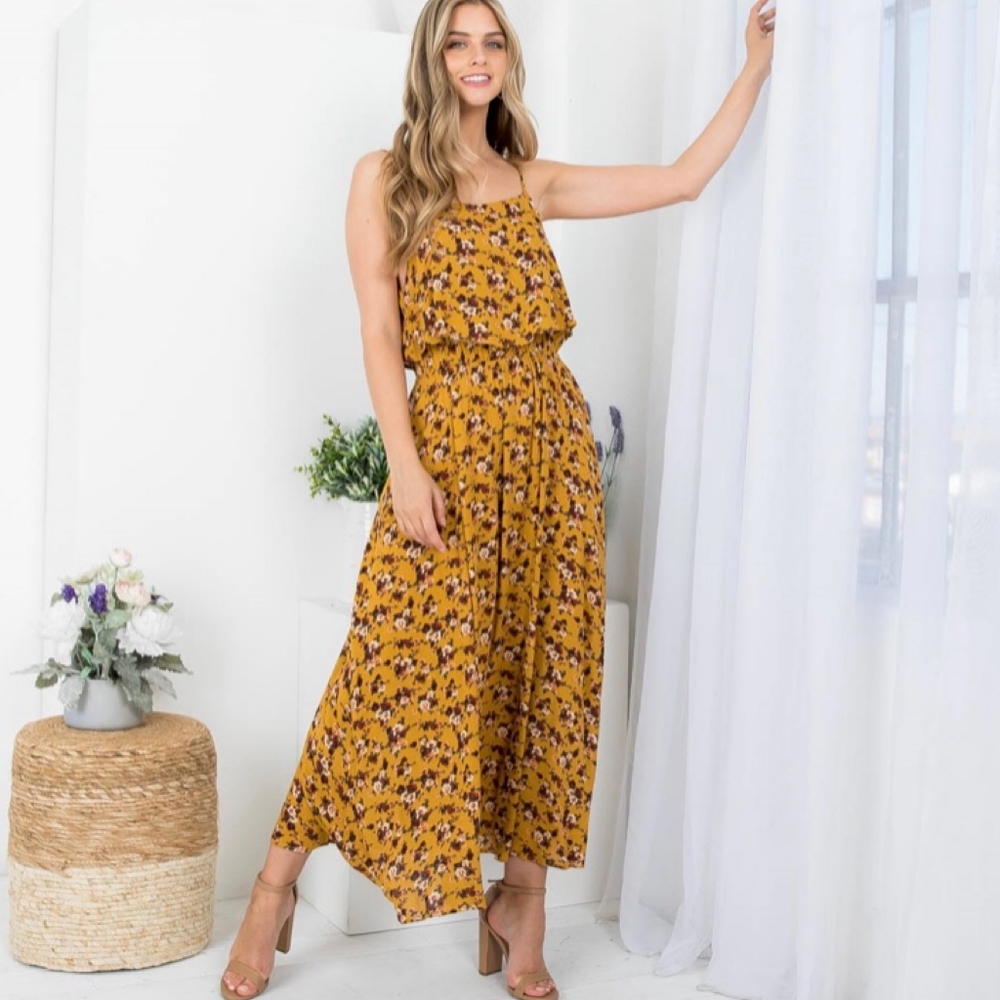 AUDREY 3+1 Mustard Floral Flounce Top Spaghetti Straps Maxi Dress - Picture 3 of 9